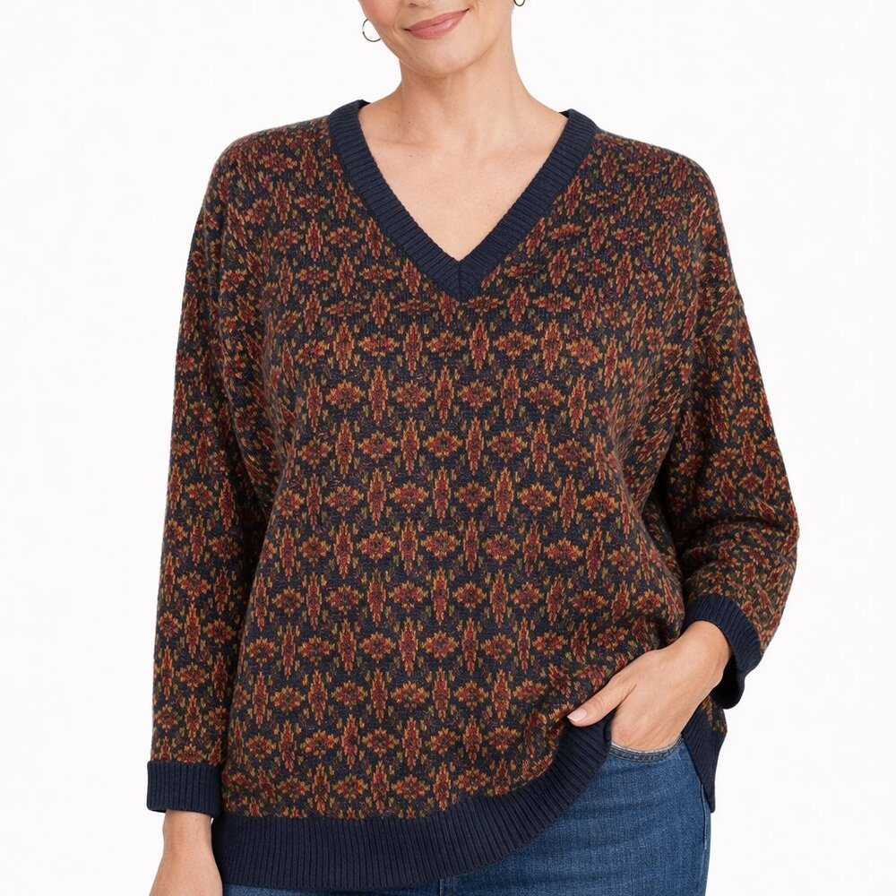 Vintage Grandma Sweater Size Large Red Blue Diamonds V Neck Neiman Marcus Cotton